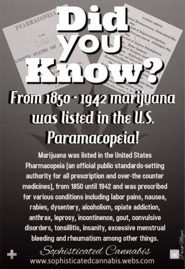 From 1850-1942 marijuana was listed as U.S. Pharmaceutical.